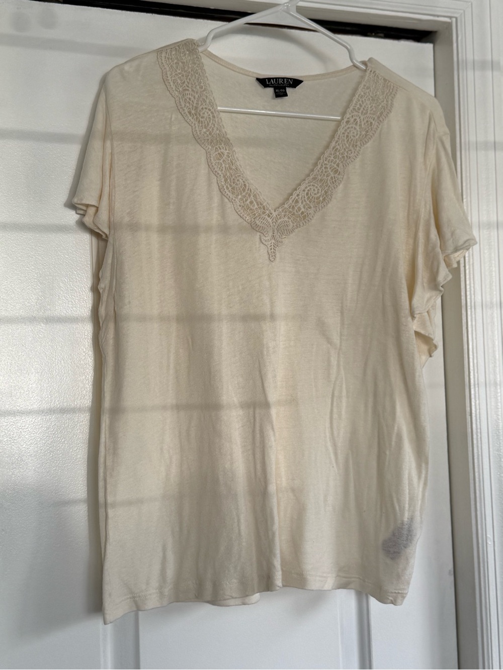 Ralph Lauren Cream Lace V-Neck Short Sleeve Top